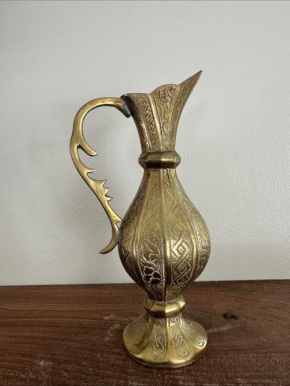 Vintages Etched Brass Decorative Ewer Vase - Detailed Geometric Engravings